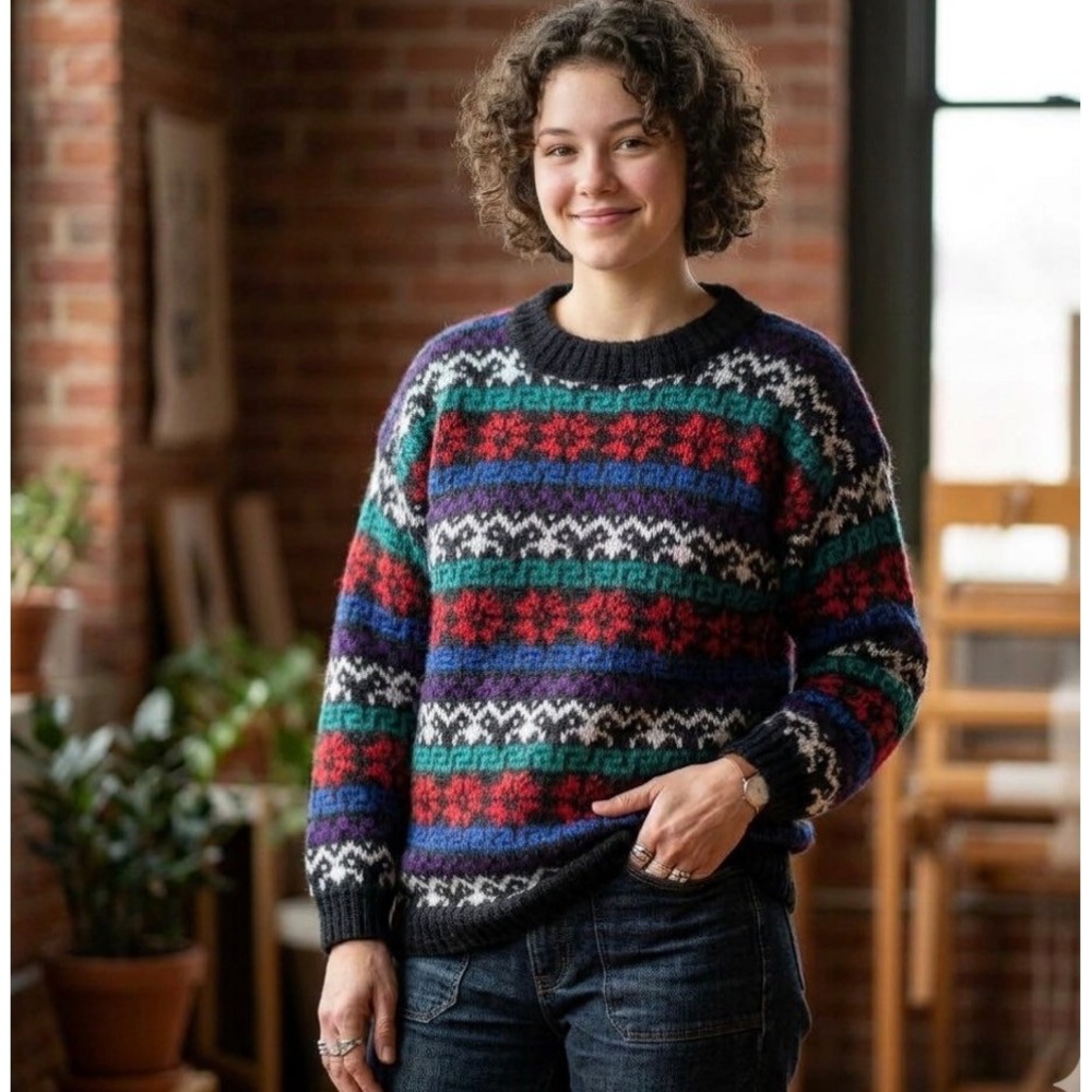 Knit Knit Sweater VTG Womens Large Black Mohair Blend Fair Isle Pullover